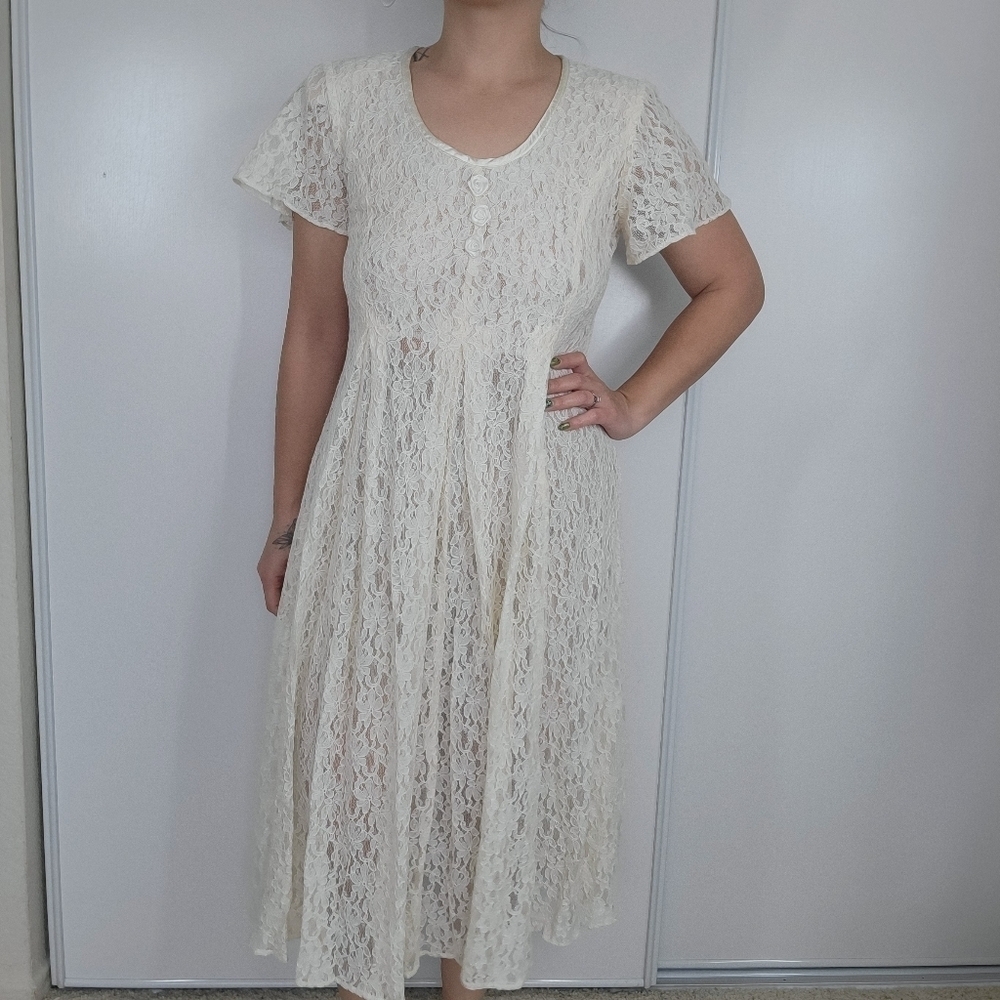 Vtg Cream Lace Midi Dress Cottagecore Boho Short Sleeve Romantic Wedding Size 10